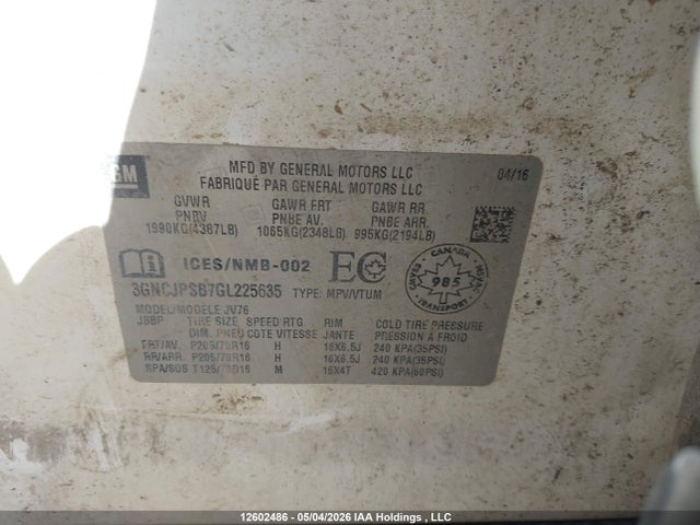 Aukcja sprzedaży 2016 Chevrolet Trax Lt, vin: 3GNCJPSB7GL225635, numer aukcji: 12602486