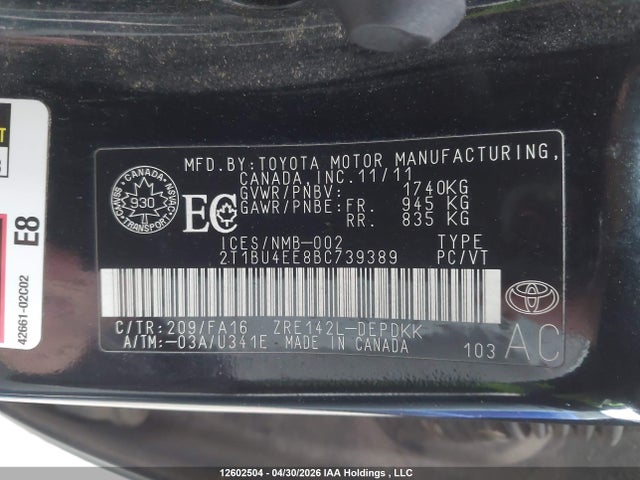 2011 Toyota Corolla S/le მანქანა იყიდება აუქციონზე, vin: 2T1BU4EE8BC739389, აუქციონის ნომერი: 12602504