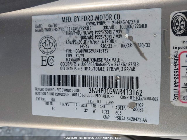 12602510 :رقم المزاد ، 3FAHP0CG9AR413162 vin ، 2010 Ford Fusion Sel مزاد بيع