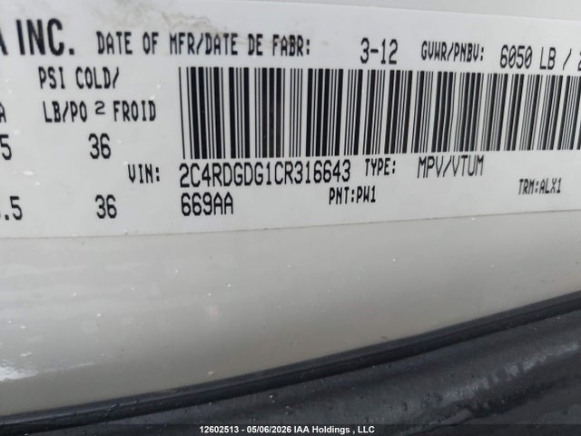 Продажа на аукционе авто 2012 Dodge Grand Caravan Crew, vin: 2C4RDGDG1CR316643, номер лота: 12602513