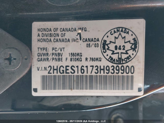Aukcja sprzedaży 2003 Honda Civic Dx, vin: 2HGES16173H939900, numer aukcji: 12602516