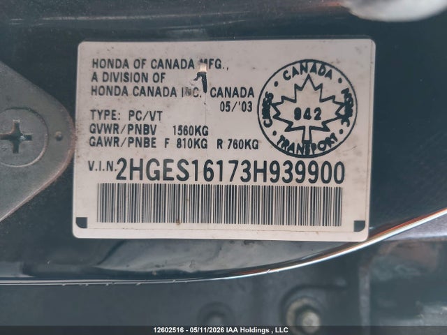 Aukcja sprzedaży 2003 Honda Civic Dx, vin: 2HGES16173H939900, numer aukcji: 12602516