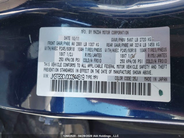 Aukcja sprzedaży 2012 Mazda Cx-9, vin: JM3TB3CV0C0344519, numer aukcji: 12602520
