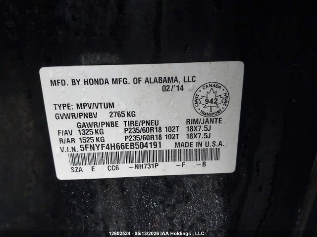 Aukcja sprzedaży 2014 Honda Pilot Exl, vin: 5FNYF4H66EB504191, numer aukcji: 12602524