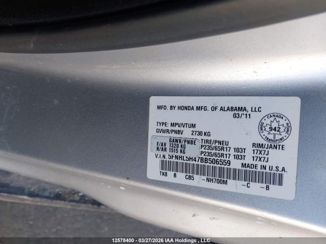 Aukcja sprzedaży 2011 Honda Odyssey Ex, vin: 5FNRL5H47BB506559, numer aukcji: 12578400