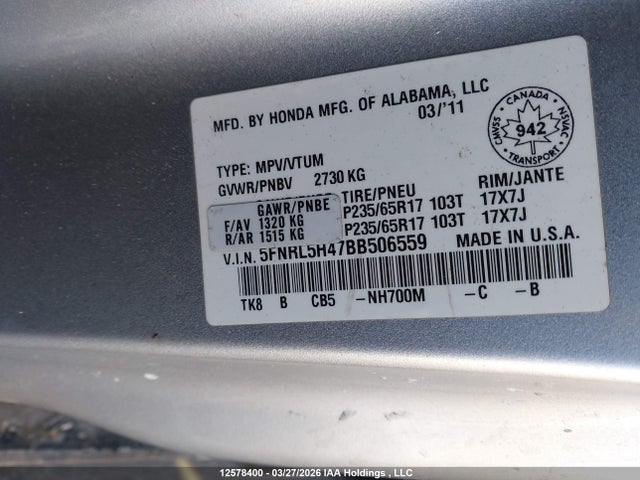 Aukcja sprzedaży 2011 Honda Odyssey Ex, vin: 5FNRL5H47BB506559, numer aukcji: 12578400