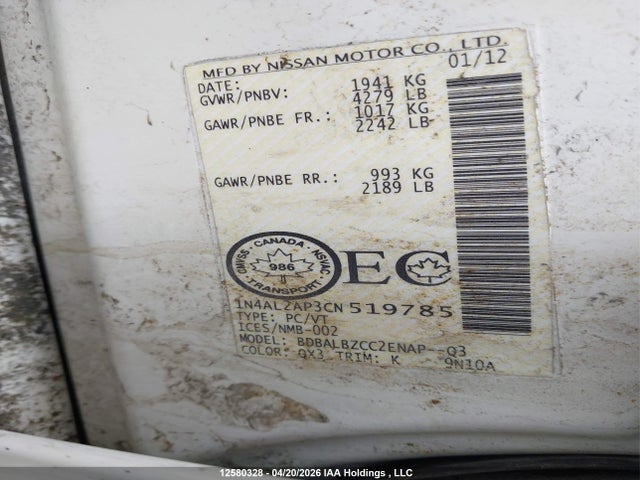 12580328 :رقم المزاد ، 1N4AL2AP3CN519785 vin ، 2012 Nissan Altima 2.5 S مزاد بيع