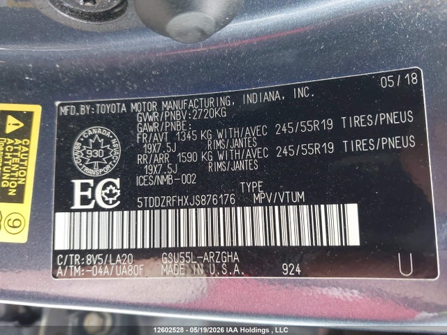 Продаж на аукціоні авто 2018 Toyota Highlander, vin: 5TDDZRFHXJS876176, номер лоту: 12602528