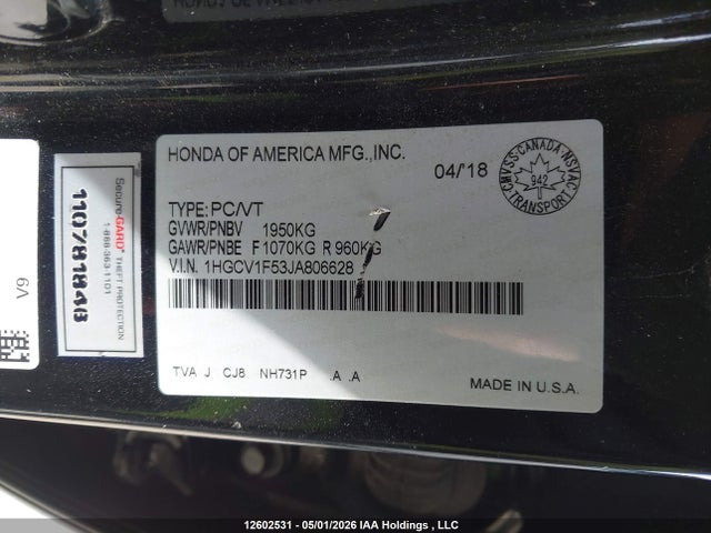 1HGCV1F53JA806628 Honda Accord