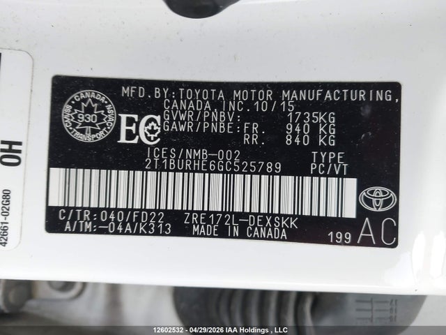2T1BURHE6GC525789 Toyota Corolla S