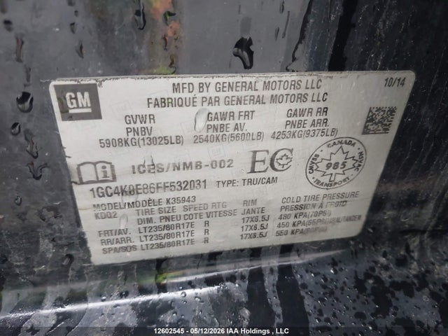 2015 Chevrolet Silverado 3500hd Ltz მანქანა იყიდება აუქციონზე, vin: 1GC4K0E86FF532031, აუქციონის ნომერი: 12602545