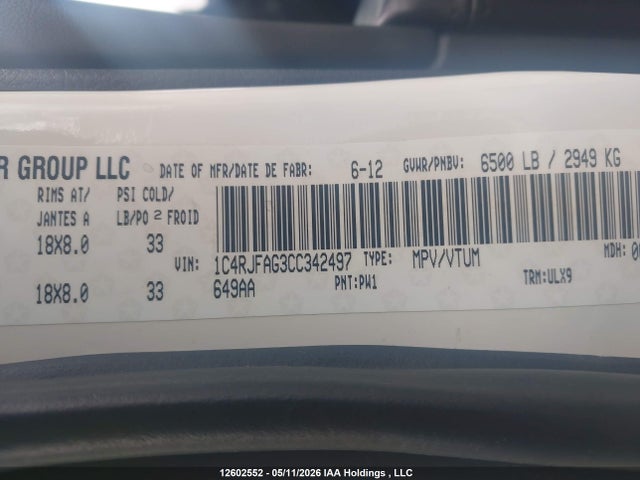 Aukcja sprzedaży 2012 Jeep Grand Cherokee Laredo, vin: 1C4RJFAG3CC342497, numer aukcji: 12602552