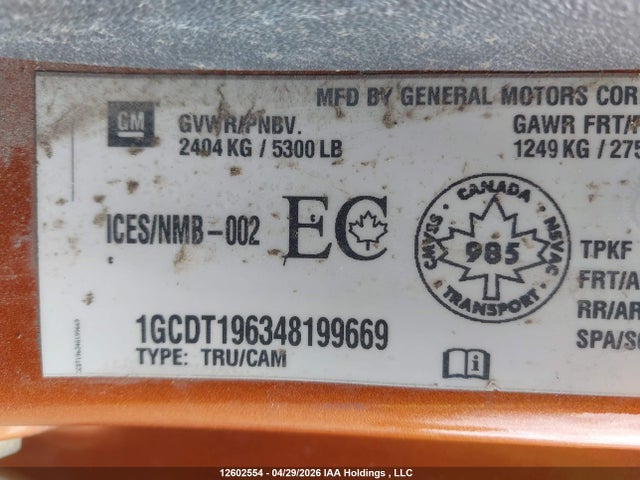 2004 Chevrolet Colorado მანქანა იყიდება აუქციონზე, vin: 1GCDT196348199669, აუქციონის ნომერი: 12602554