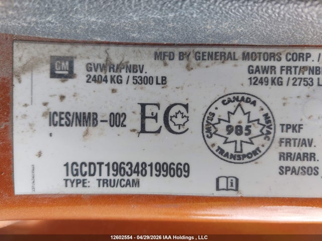 2004 Chevrolet Colorado მანქანა იყიდება აუქციონზე, vin: 1GCDT196348199669, აუქციონის ნომერი: 12602554