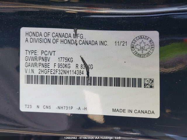 Honda Civic 2022 2HGFE2F32NH114384 Image 9