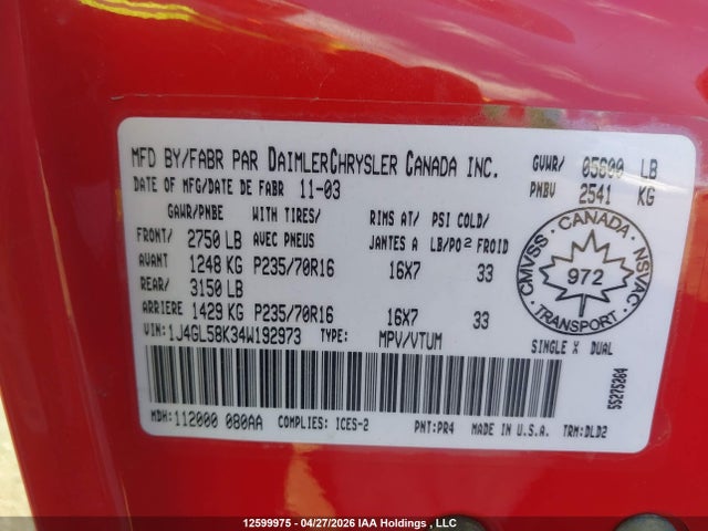 12599975 :رقم المزاد ، 1J4GL58K34W192973 vin ، 2004 Jeep Liberty Limited Edition مزاد بيع