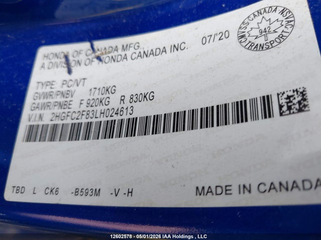 Продаж на аукціоні авто 2020 Honda Civic Sport, vin: 2HGFC2F83LH024613, номер лоту: 12602578