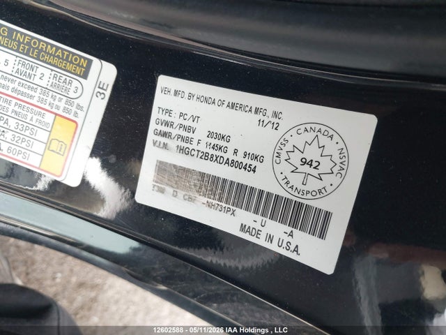 12602588 :رقم المزاد ، 1HGCT2B8XDA800454 vin ، 2013 Honda Accord Ex-l-navi V6 مزاد بيع
