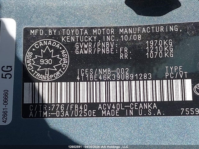 2009 Toyota Camry Se/le/xle მანქანა იყიდება აუქციონზე, vin: 4T1BE46K39U891283, აუქციონის ნომერი: 12602591