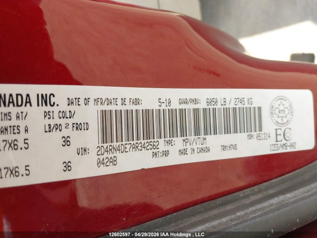 12602597 :رقم المزاد ، 2D4RN4DE7AR342562 vin ، 2010 Dodge Grand Caravan Se مزاد بيع