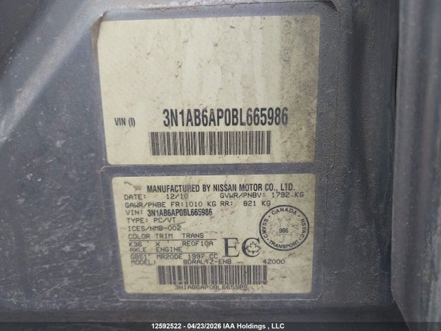 Aukcja sprzedaży 2011 Nissan Sentra 2.0s, vin: 3N1AB6AP0BL665986, numer aukcji: 12592522