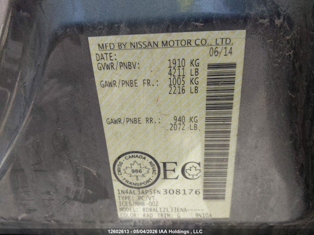 Aukcja sprzedaży 2015 Nissan Altima 2.5/2.5 S/2.5 Sl/2.5 Sv, vin: 1N4AL3AP5FN308176, numer aukcji: 12602613