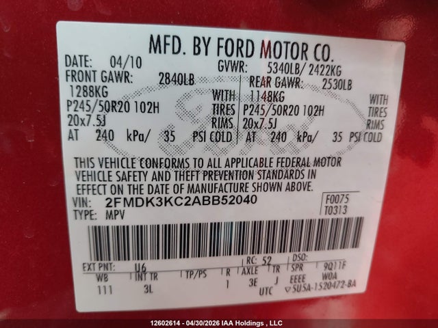 12602614 :رقم المزاد ، 2FMDK3KC2ABB52040 vin ، 2010 Ford Edge Limited مزاد بيع