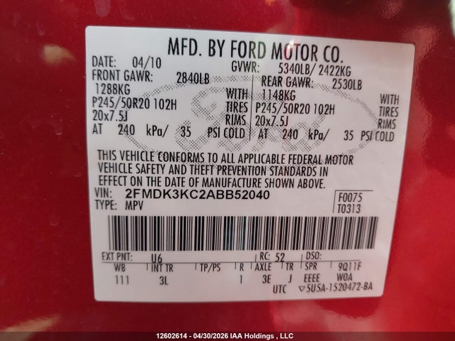 12602614 :رقم المزاد ، 2FMDK3KC2ABB52040 vin ، 2010 Ford Edge Limited مزاد بيع