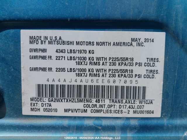 2014 Mitsubishi Rvr Gt მანქანა იყიდება აუქციონზე, vin: 4A4AJ4AU6EE607095, აუქციონის ნომერი: 12602618