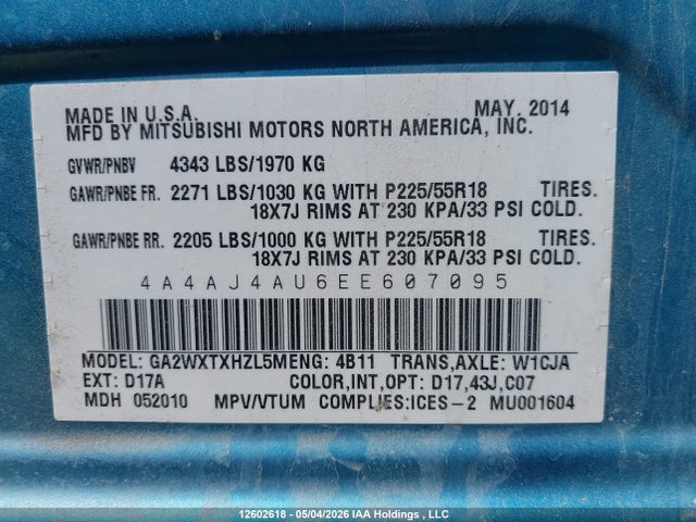 2014 Mitsubishi Rvr Gt მანქანა იყიდება აუქციონზე, vin: 4A4AJ4AU6EE607095, აუქციონის ნომერი: 12602618