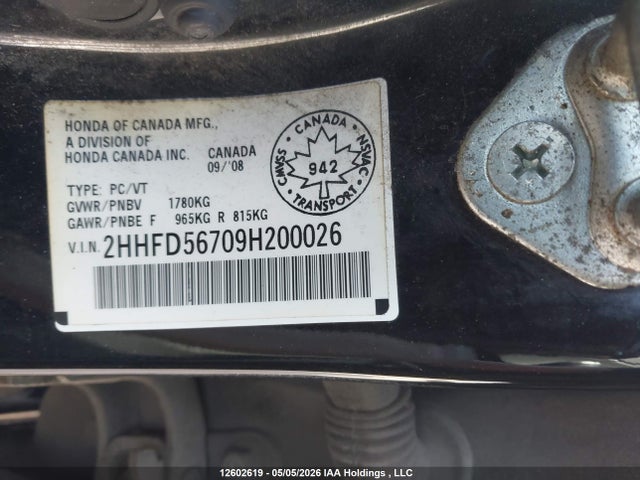 12602619 :رقم المزاد ، 2HHFD56709H200026 vin ، 2009 Acura Csx Technology مزاد بيع