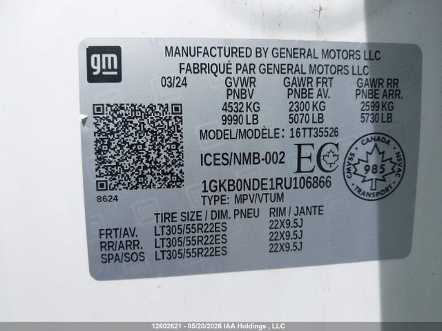 2024 Gmc Hummer Ev Suv 2x მანქანა იყიდება აუქციონზე, vin: 1GKB0NDE1RU106866, აუქციონის ნომერი: 12602621