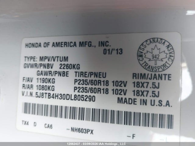 Продаж на аукціоні авто 2013 Acura Rdx, vin: 5J8TB4H30DL805290, номер лоту: 12562437