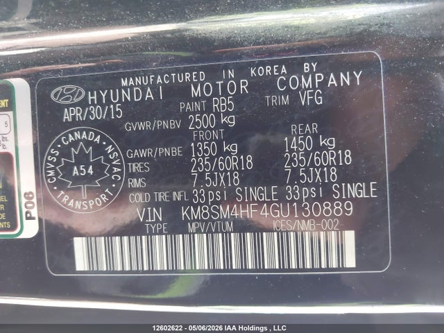 Aukcja sprzedaży 2016 Hyundai Santa Fe Se, vin: KM8SM4HF4GU130889, numer aukcji: 12602622