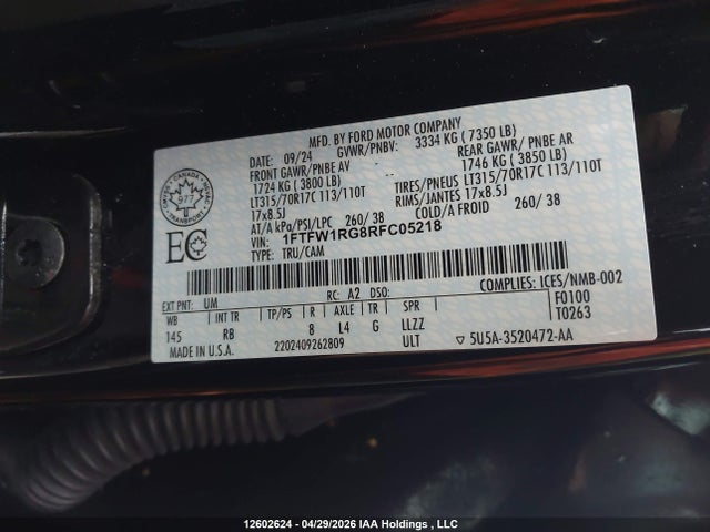 Ford F150 Raptor 2024 1FTFW1RG8RFC05218 Image 9