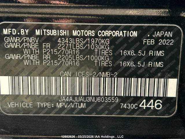 2022 Mitsubishi Rvr Es მანქანა იყიდება აუქციონზე, vin: JA4AJUAU3NU603559, აუქციონის ნომერი: 12602626