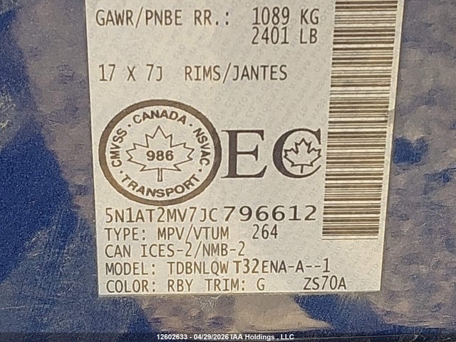 5N1AT2MV7JC796612 Nissan Rogue Sv/sl