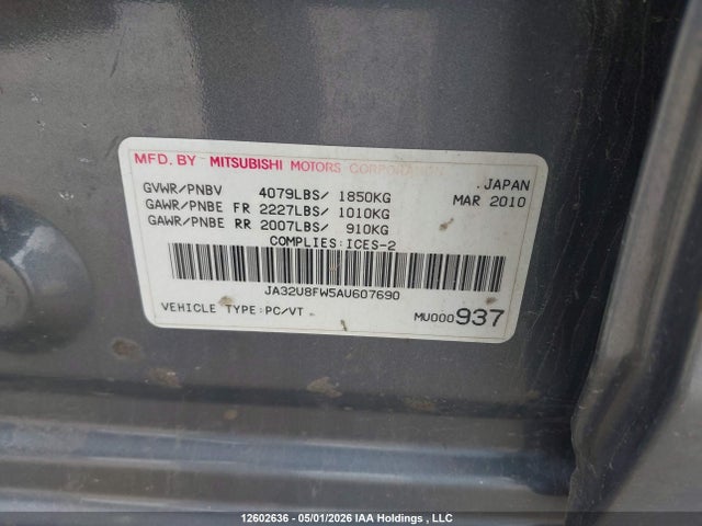 Aukcja sprzedaży 2010 Mitsubishi Lancer Gts, vin: JA32U8FW5AU607690, numer aukcji: 12602636