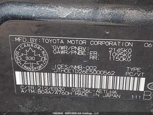Продажа на аукционе авто 2014 Lexus Is 350, vin: JTHCE1D26E5000562, номер лота: 12602642