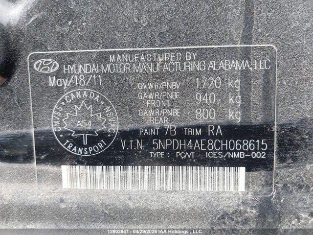 12602647 :رقم المزاد ، 5NPDH4AE8CH068615 vin ، 2012 Hyundai Elantra Gl مزاد بيع