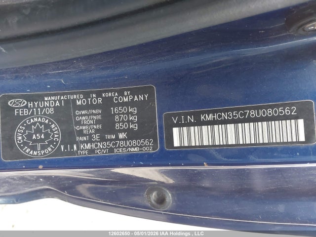 Продаж на аукціоні авто 2008 Hyundai Accent Gs, vin: KMHCN35C78U080562, номер лоту: 12602650