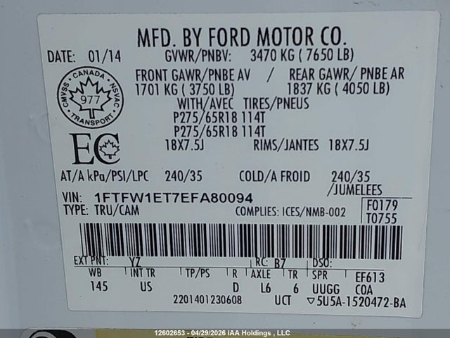 1FTFW1ET7EFA80094 Ford F-150 Xlt