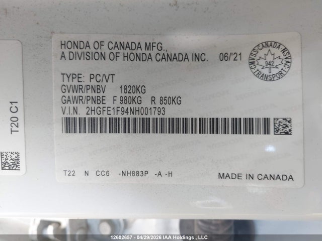 2HGFE1F94NH001793 Honda Civic Touring
