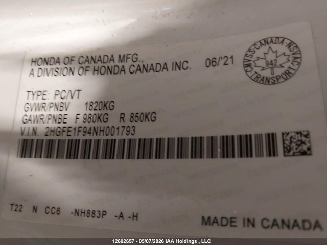 2HGFE1F94NH001793 Honda Civic Touring