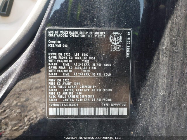 Aukcja sprzedaży 2018 Volkswagen Atlas, vin: 1V2MR2CA7JC552875, numer aukcji: 12602661