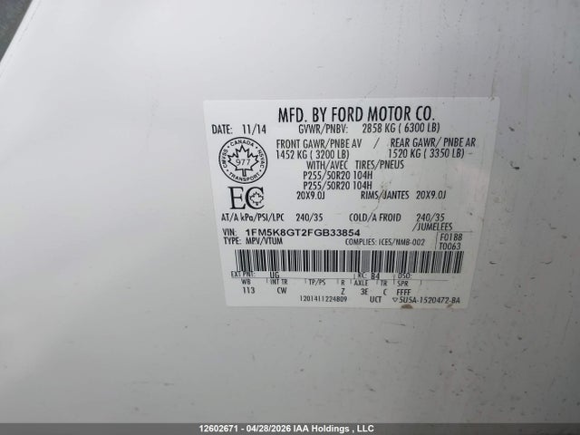 12602671 :رقم المزاد ، 1FM5K8GT2FGB33854 vin ، 2015 Ford Explorer Sport مزاد بيع