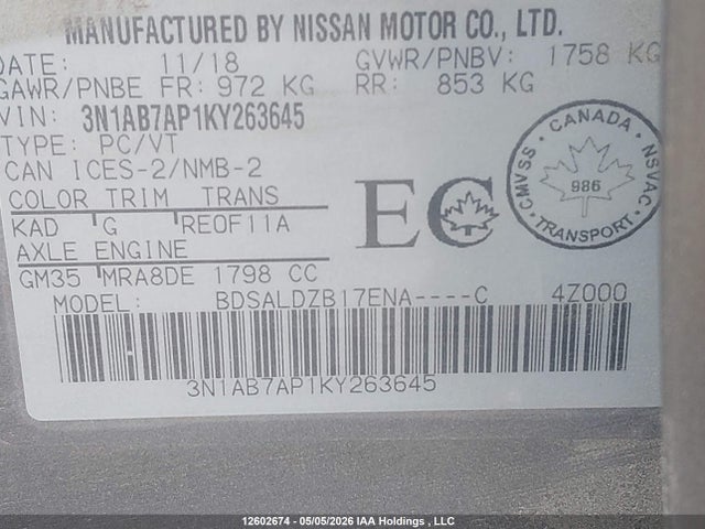 3N1AB7AP1KY263645 Nissan Sentra S/sv/sr/sl
