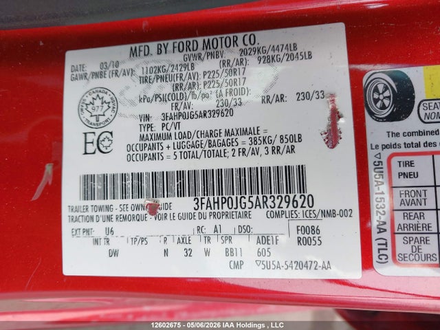 Продаж на аукціоні авто 2010 Ford Fusion Sel, vin: 3FAHP0JG5AR329620, номер лоту: 12602675