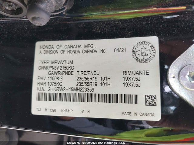 Продажа на аукционе авто 2021 Honda Cr-v Sport, vin: 2HKRW2H45MH223359, номер лота: 12602676