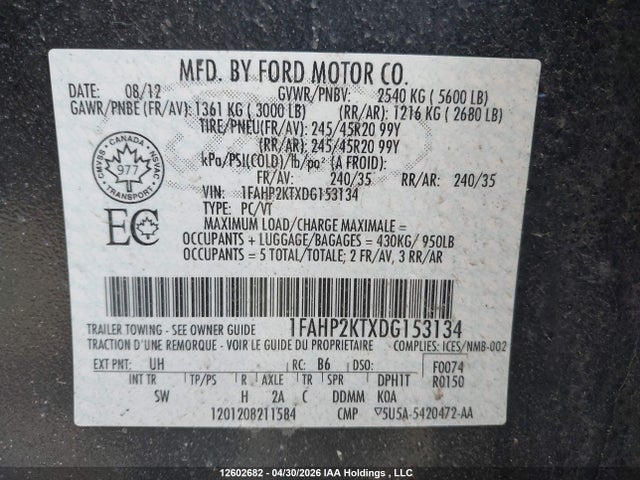 12602682 :رقم المزاد ، 1FAHP2KTXDG153134 vin ، 2013 Ford Taurus Sho مزاد بيع